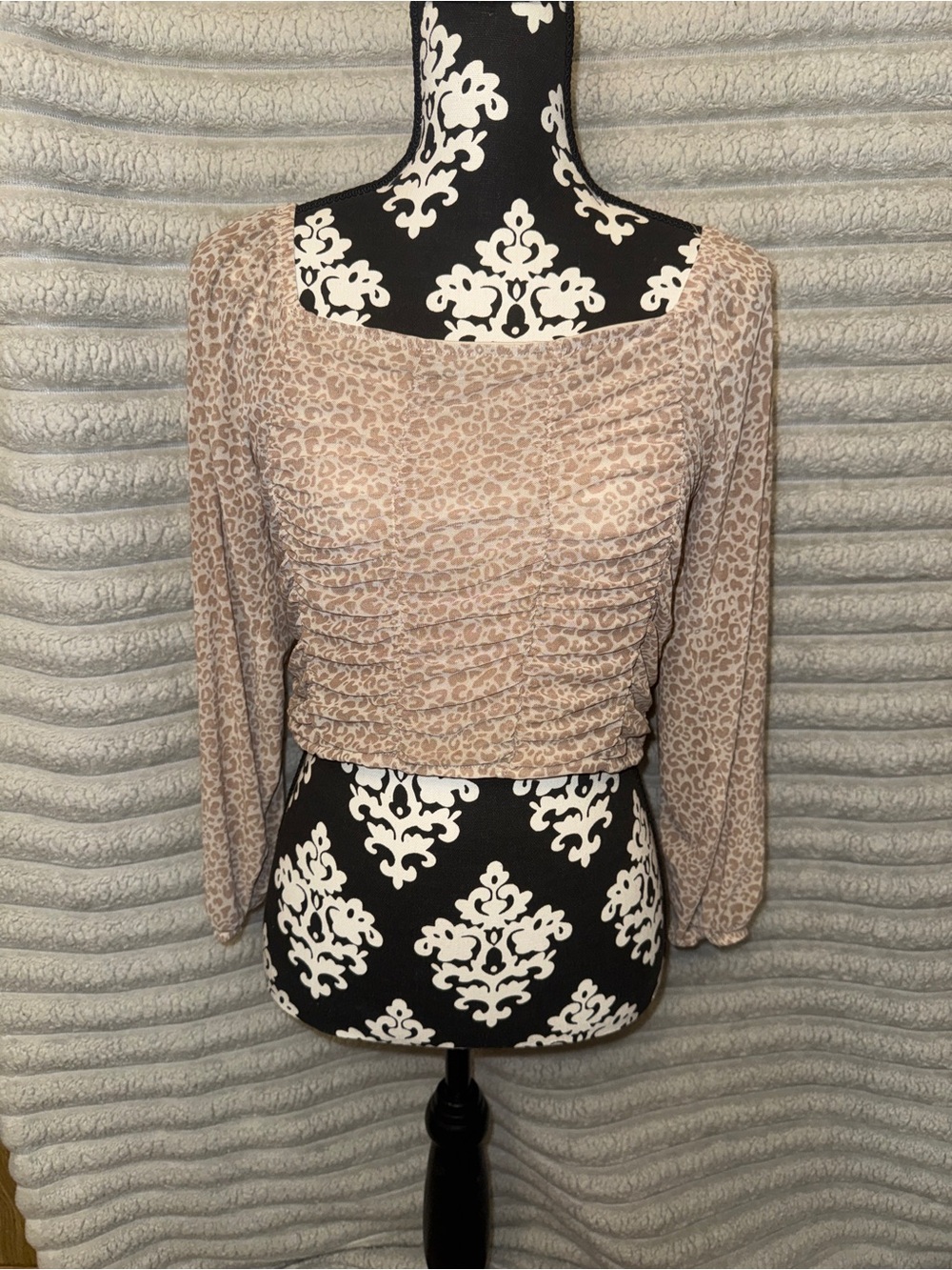 Crave Fame Leopard Print Ruched Off Shoulder Crop Top L